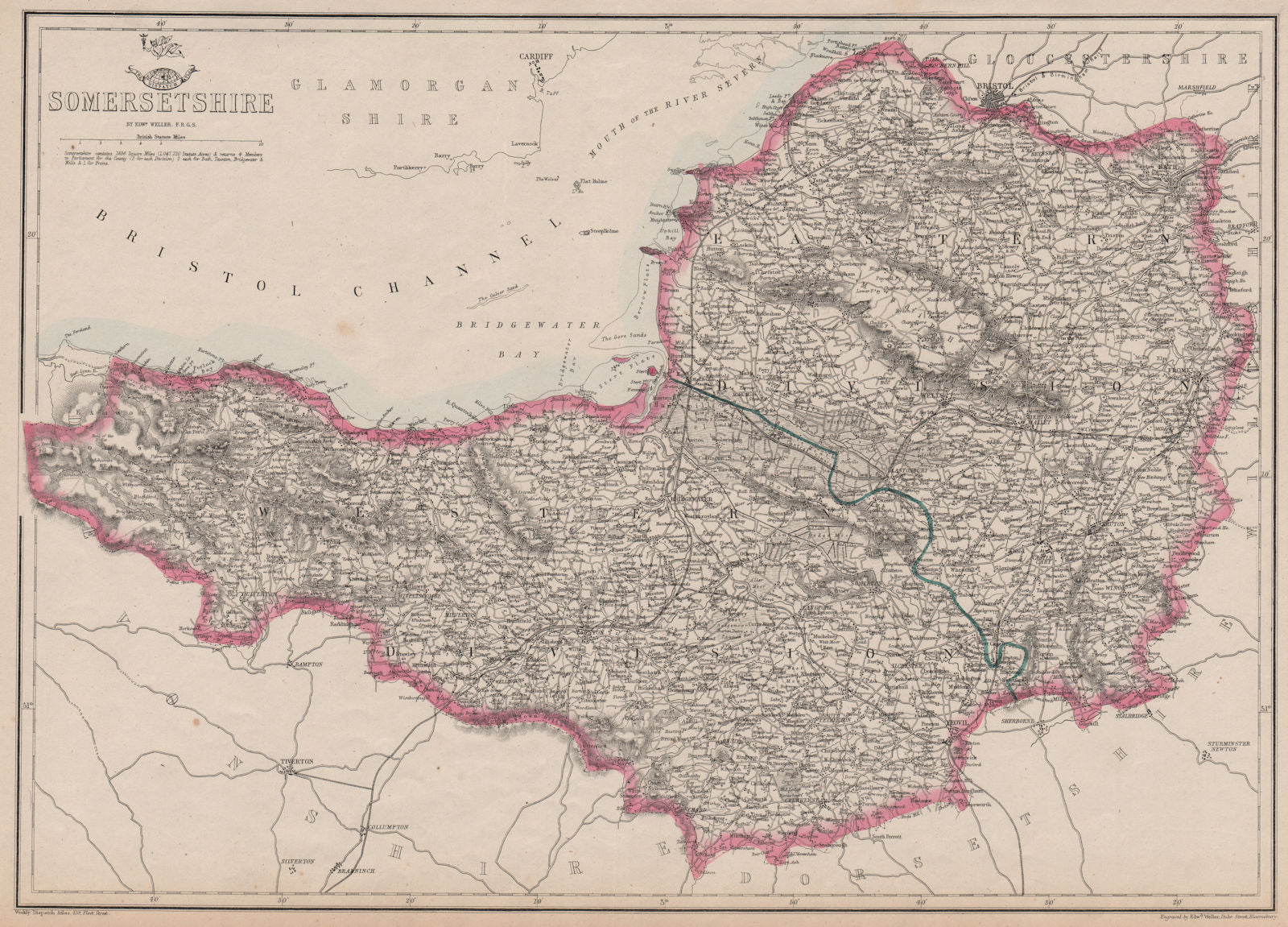 SOMERSETSHIRE. Antique county map. Railways. Mendips. Exmoor. WELLER 1863